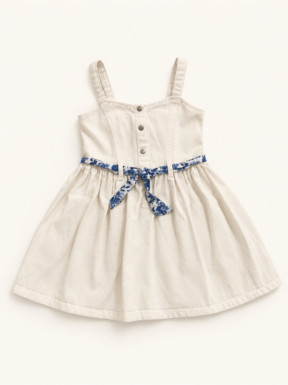 White Girls' Jean Sundress with Blue Floral Tie Belt